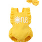 Shalofer Baby Girls One Year Old Outfits First Birthday Romper Cute Backless Ruffles Jumpsuit With Headband (Yellow-Sun,12-18 Mo