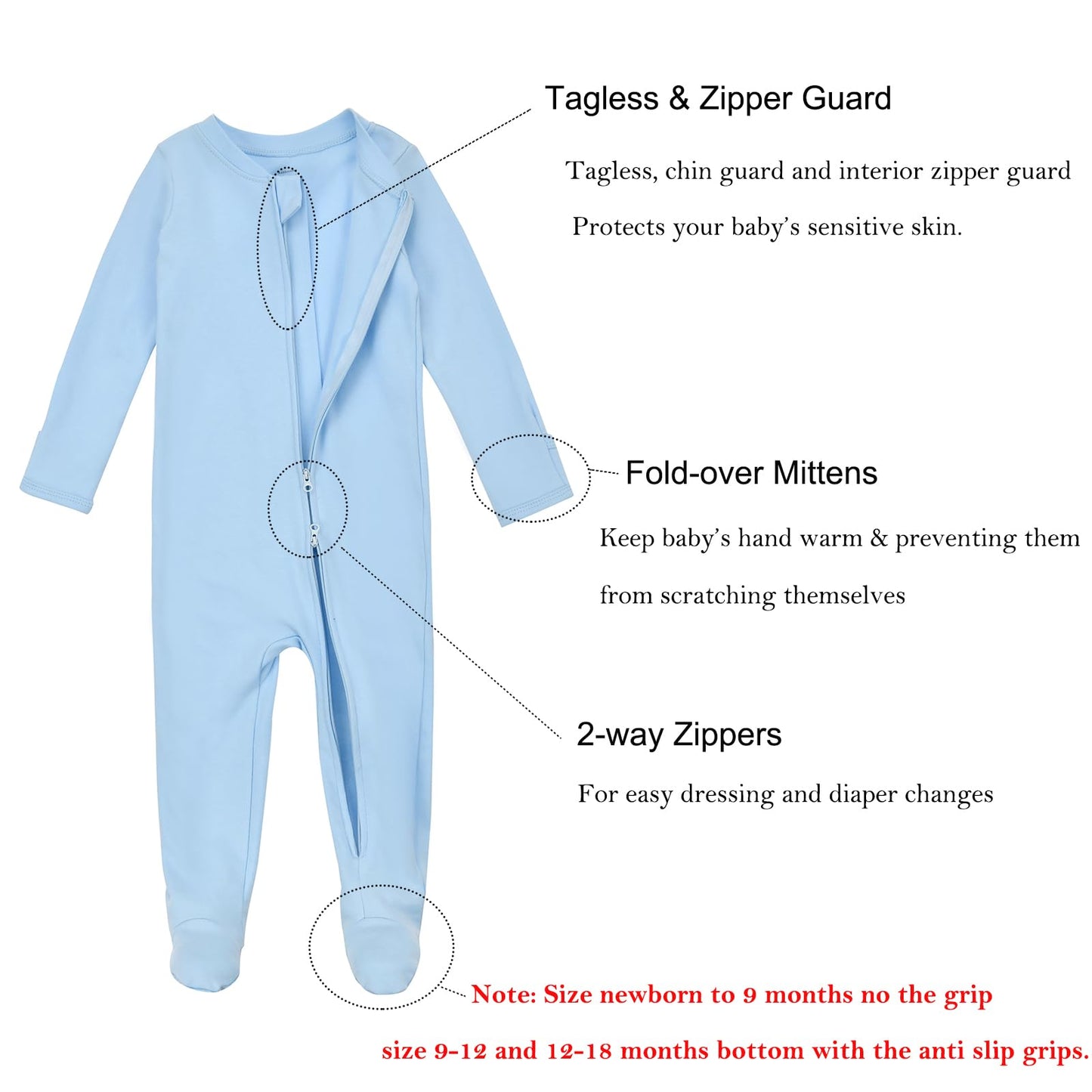 Aablexema Baby Footie Pajamas With Mittens - 3Pcs Infant Footed Sleeper Cotton Sleepwear Outfits(Blue/Grey/Stripe,12-18M)