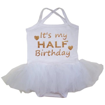 Kirei Sui Baby Gold Sparkle Half Birthday White Tulle Tutu Bodysuit Dress Large White