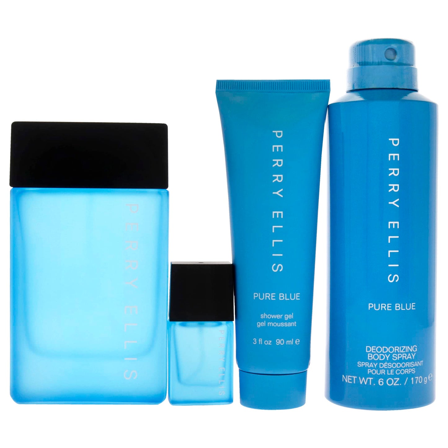 Perry Ellis Pure Blue By Perry Ellis Edt Spray 3.4 Oz & Deodorant Spray 6 Oz & Shower Gel 3 Oz & Edt Spray 0.25 Oz For Men
