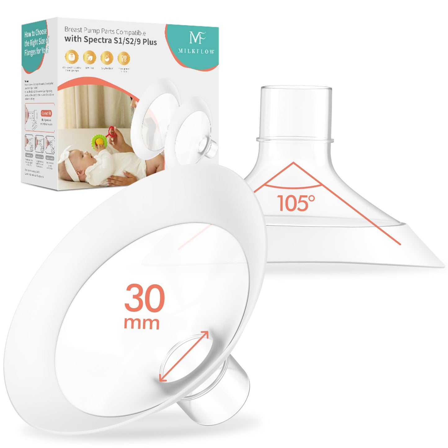 Breast Flanges 30mm 2-Pack for Medela Pump in Style, Symphony, Freestyle, Sonata, Maxflow and Lansinoh Signature Pro Breast Pump