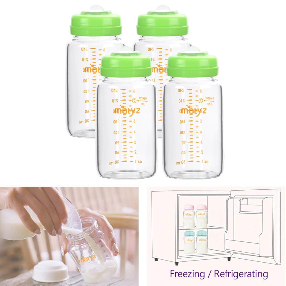 Matyz Glass Breastmilk Storage Containers, 4 Pack, 8 Oz Bottle, Compatible With Spectra Medela Philips Pump - Freezer Safe Bottl