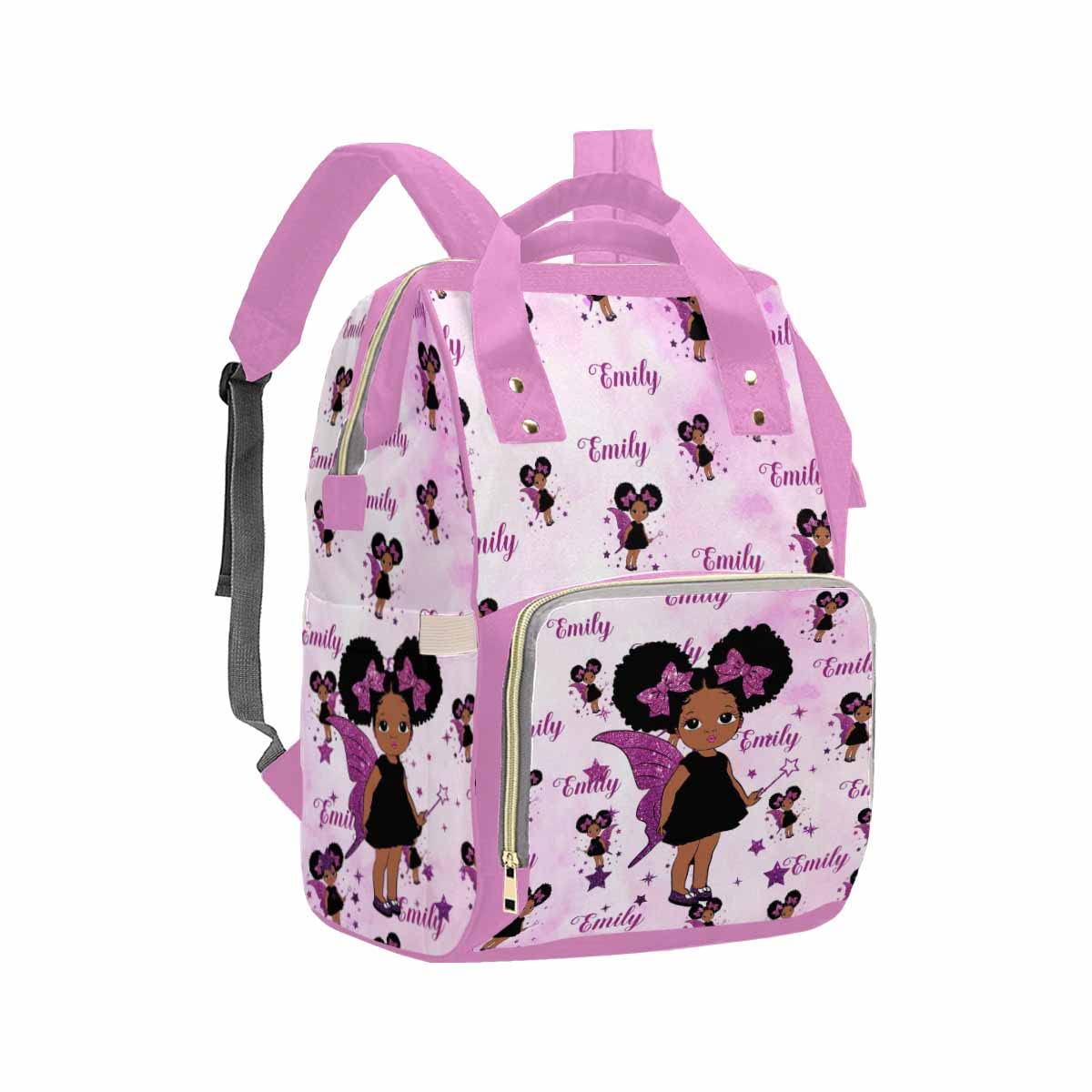 Artsadd Custom Large Capacity Baby Bag For Mom, Glitter Stars Wings Handbags Personalized Name Diaper Backpack With Stroller Str