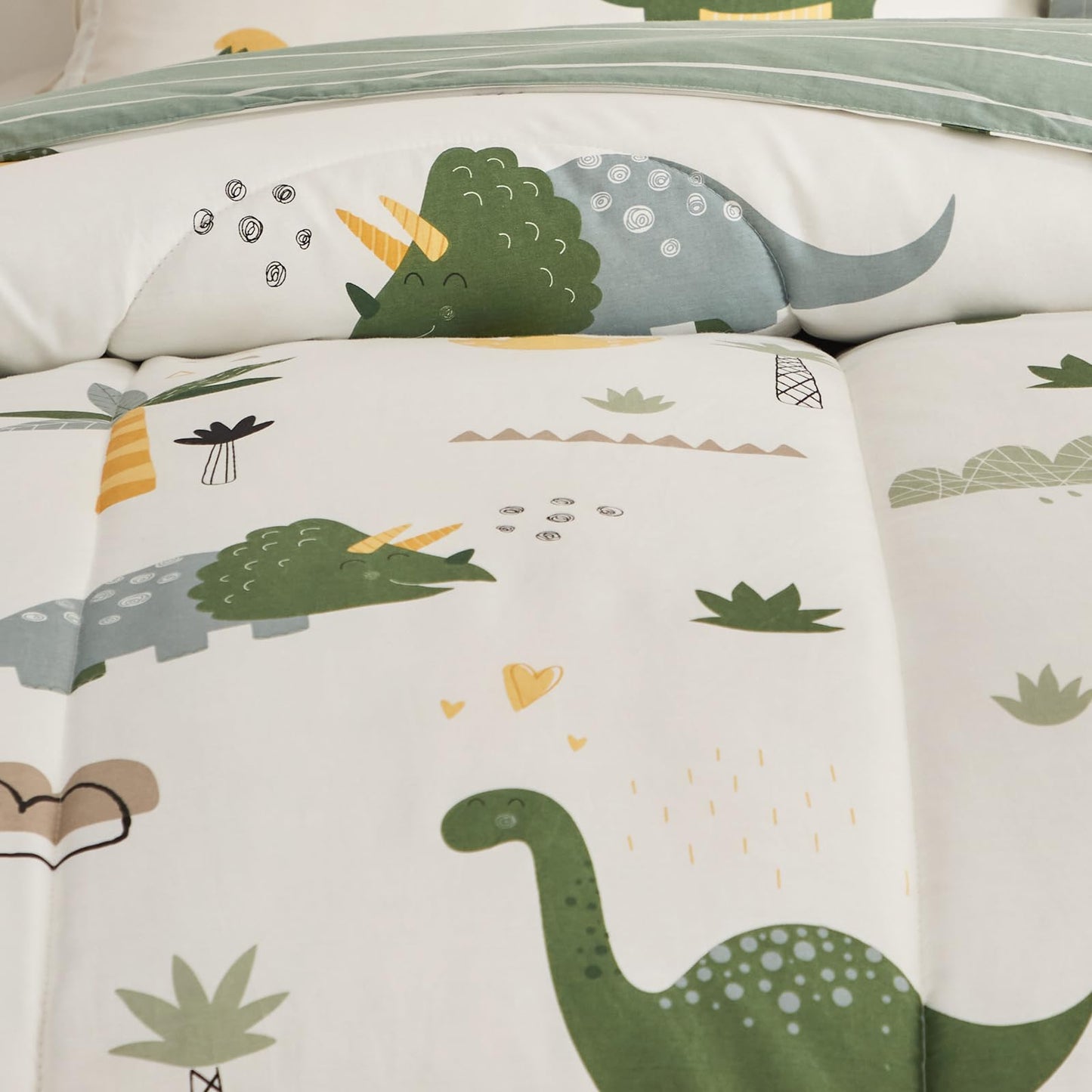 Joyreap 4 Piece Dinosaur Toddler Bedding Set, Cotton Toddler Comforter Sheet Set, Green Dinosaurs Print On White Design For Kids
