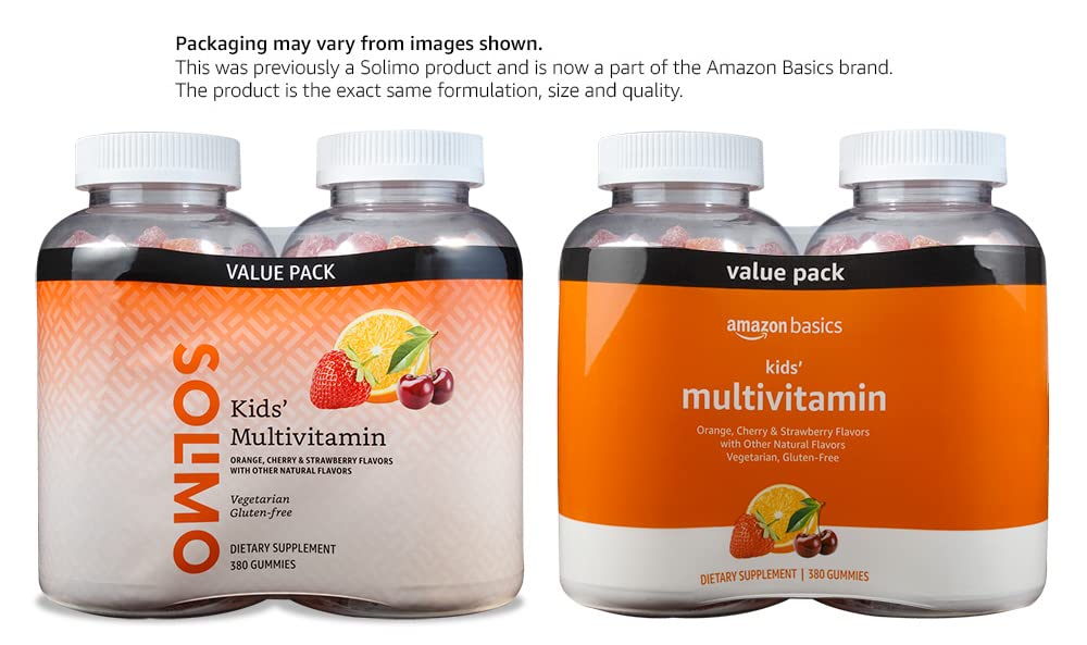 Amazon Basics Kids' Multivitamin Gummies, Cherry, Strawberry & Orange, 380 Count (2 Packs Of 190) (2 Per Serving) (Previously So