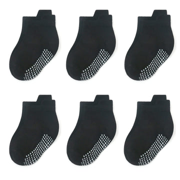 Qiyiendian 6 Pairs Non Slip Cozy Warm Ankle/Low Cut Socks With Grips For Baby Infant Toddler Kids Boys Girls(5-C Black,6-12 Mont