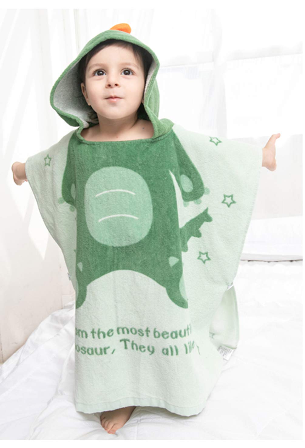Tonwhar Kids Bath/Pool/Beach Hooded Poncho Towel-Cartoon Animal Pattern Cotton Beach Towel For Baby And Kids (Army Green Dinosau