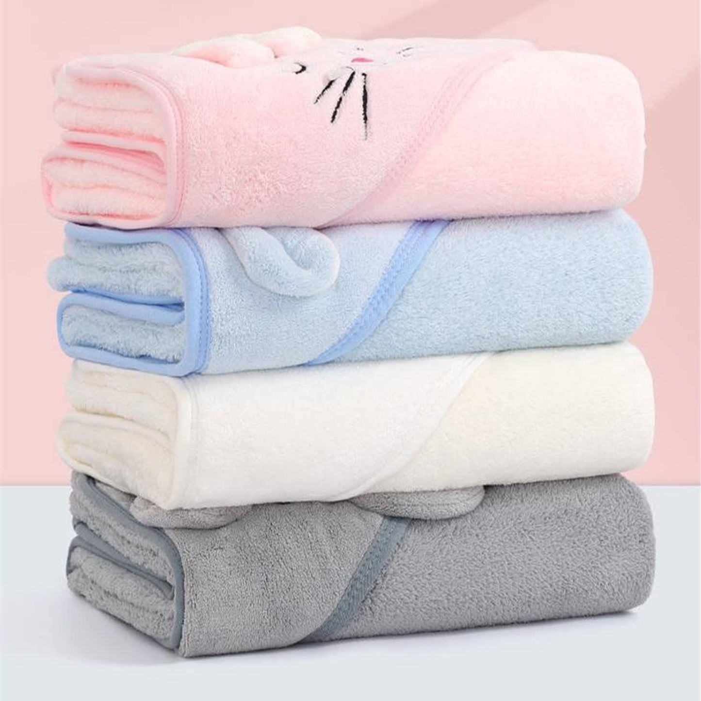 Flannel Fleece Animal Hooded Soft Children'S Hooded Cloak Cartoon Baby Coral Fleece Kids Bath Towel (Pink)
