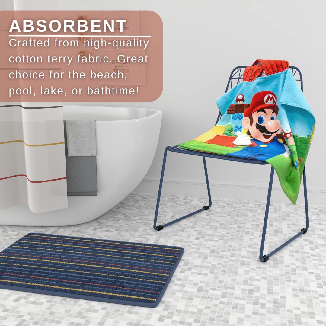Franco Super Mario Kids Beach/Pool/Bath/Camping Hooded Towel Poncho 24' X 22', Absorbent Cotton Cover Up, (Official Nintendo P