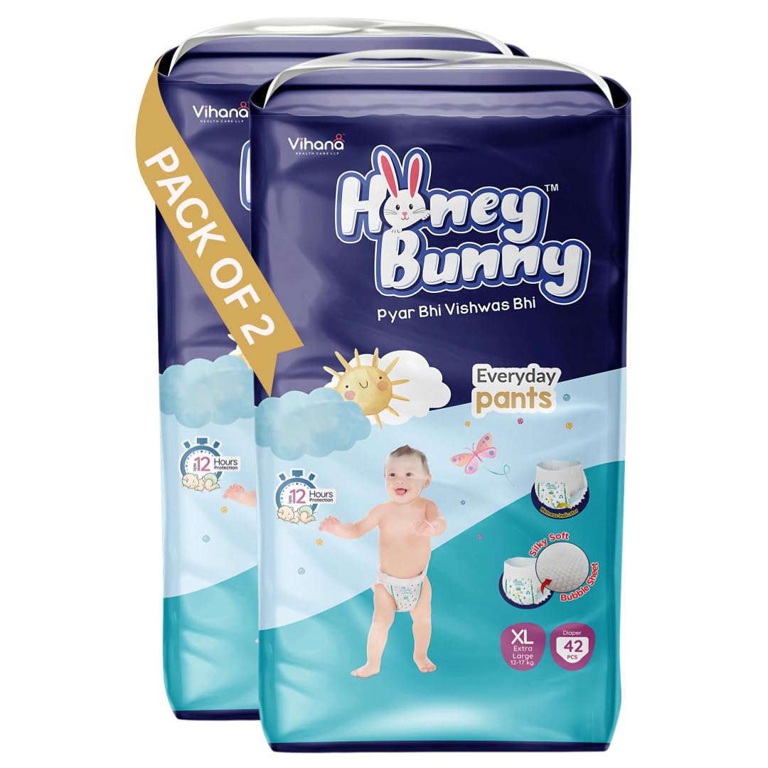Honey Bunny Everyday Baby Diapers Pants | Extra Large (Xl), 84 Count, 1217 Kg | Silky Soft On Skin | 12 Hours Protection Baby D