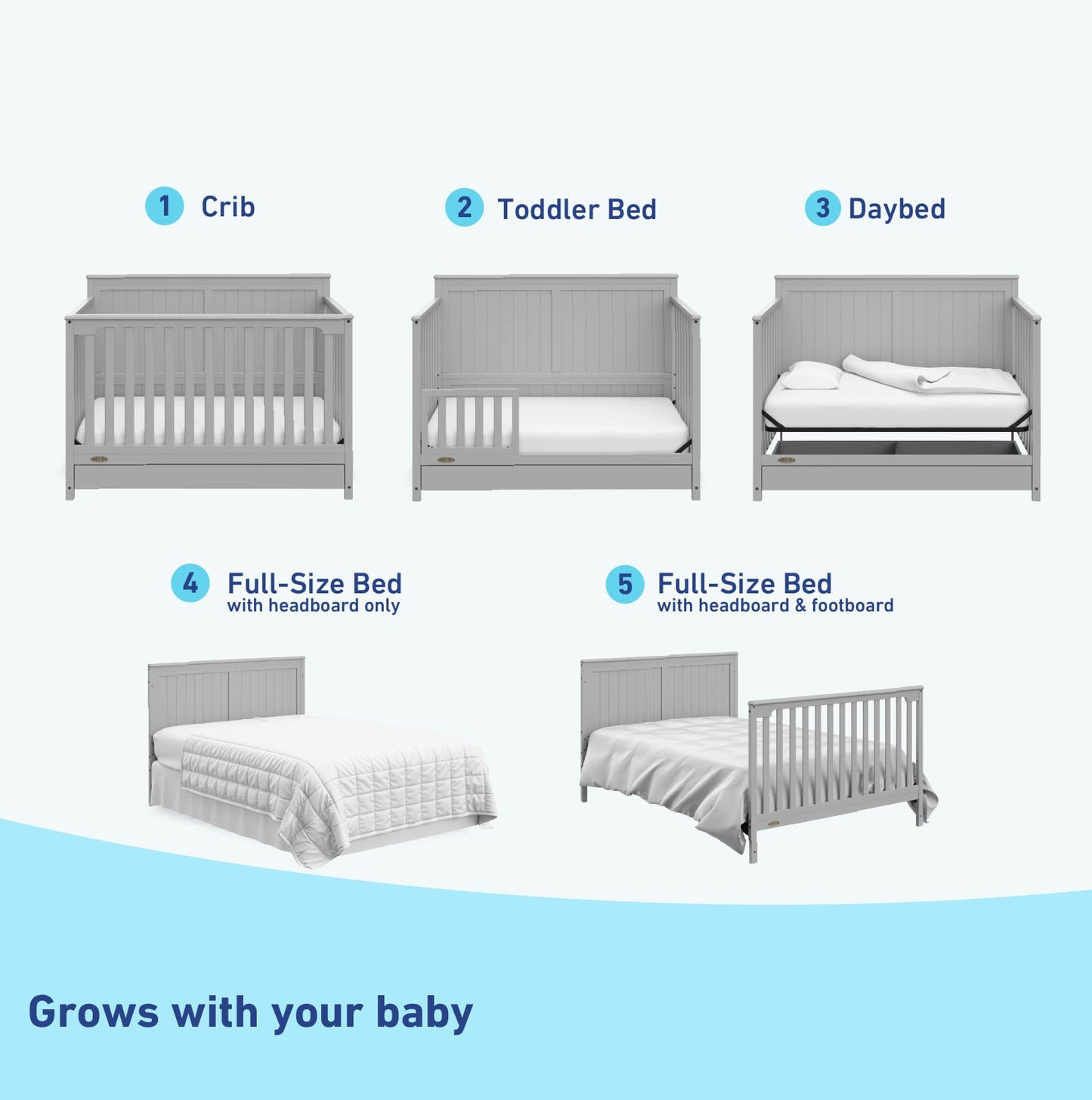 Graco Hadley 5-in-1 Convertible Crib with Drawer (Pebble Gray) - GREENGUARD Gold Certified, Crib with Drawer Combo, Full-Size Nu