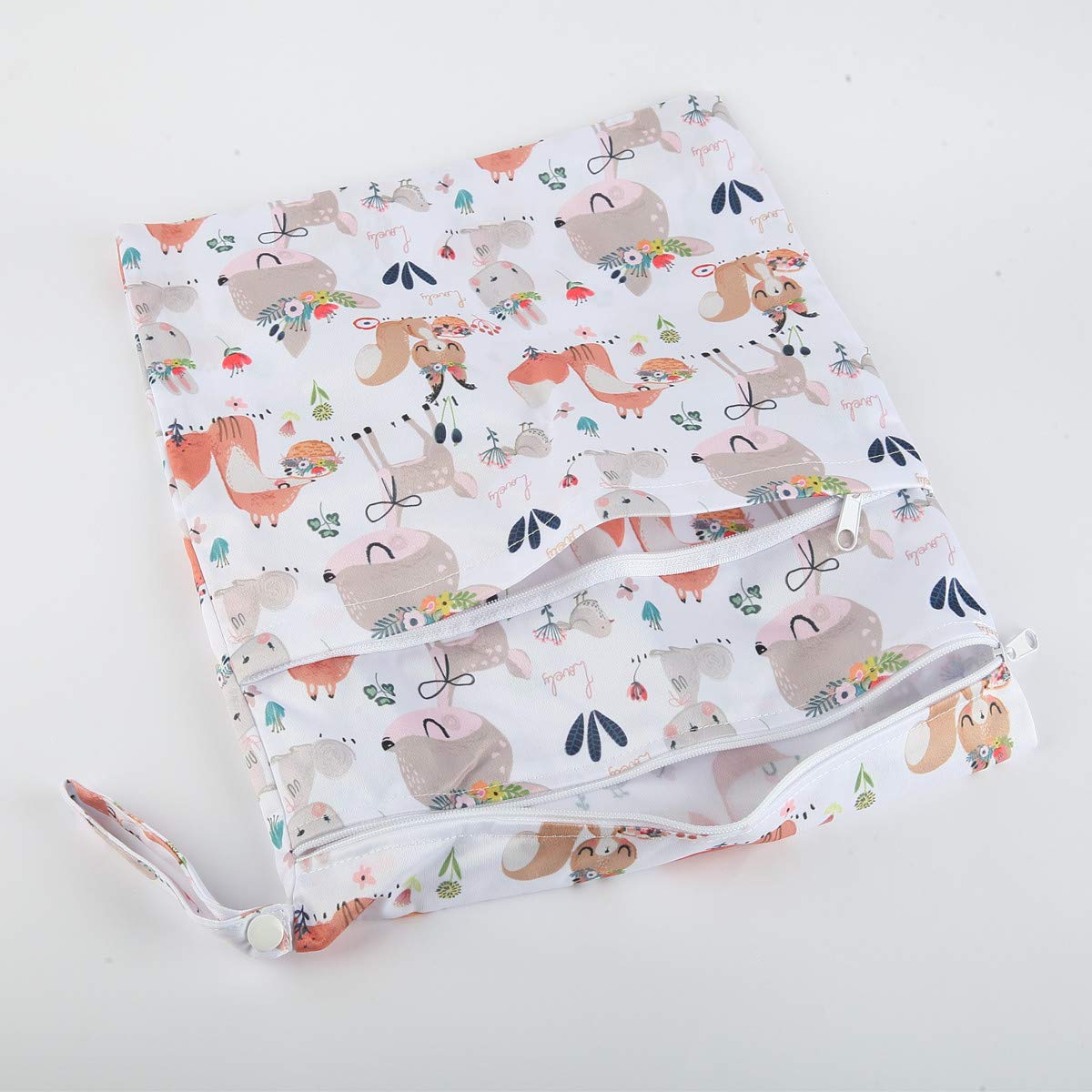 Wet Dry Bag Cloth Diaper Nappy Reusable Washable With Two Zippered Pockets (Rabbit Squirrel)