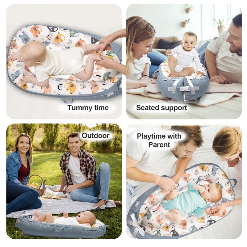 Jocute Baby Lounger Large Size, Cotton Breathable Baby Lounger Pillow Cover Waterproof, Infant Lounger For Travel, Grey Protable