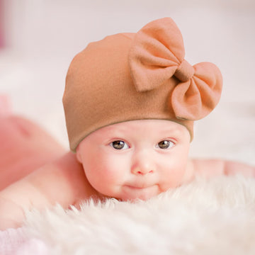 Bqubo Newborn Baby Hospital Bow Hats Beanie Infant Caps Baby Cotton No Scratch Mittens Set For 0-6 Months