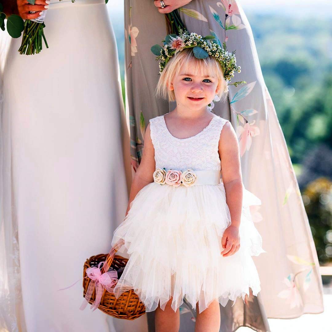 2Bunnies Girl Peony Lace Back A-Line Tiered Tutu Tulle Flower Girl Dress (No Applique Ivory, 9-10Yrs)