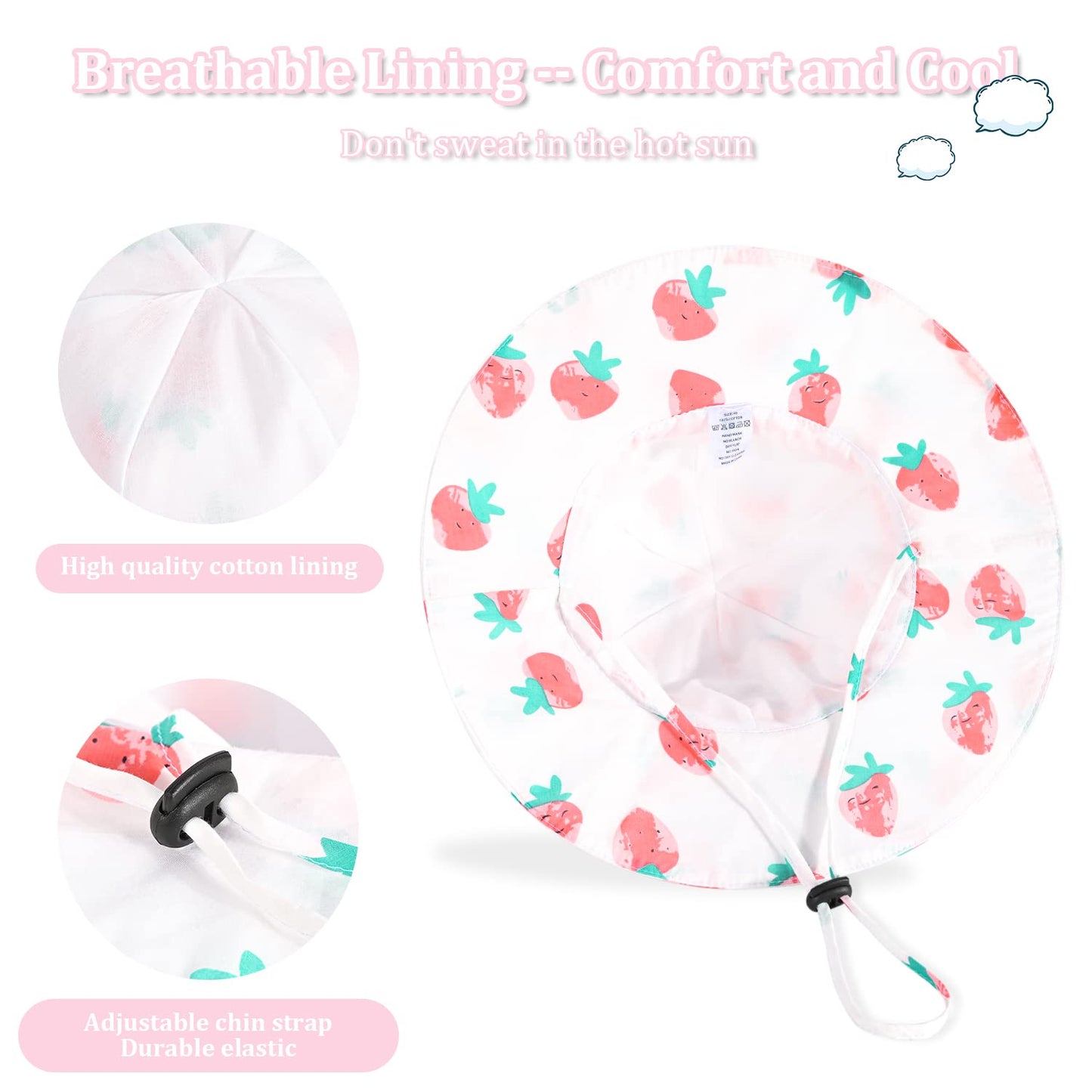 Baby Girl Sun Hat With Upf 50+ Outdoor Adjustable Beach Hat With Wide Brim Bucket Hats (6-12 Months, Strawberry -Pink)