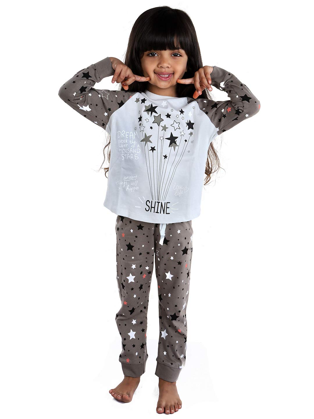 Ventra Girls Shine Star Print Nightwear  Grey, Top and Bottom Set for Kids, 100% Soft Cotton Night Dress for Girls