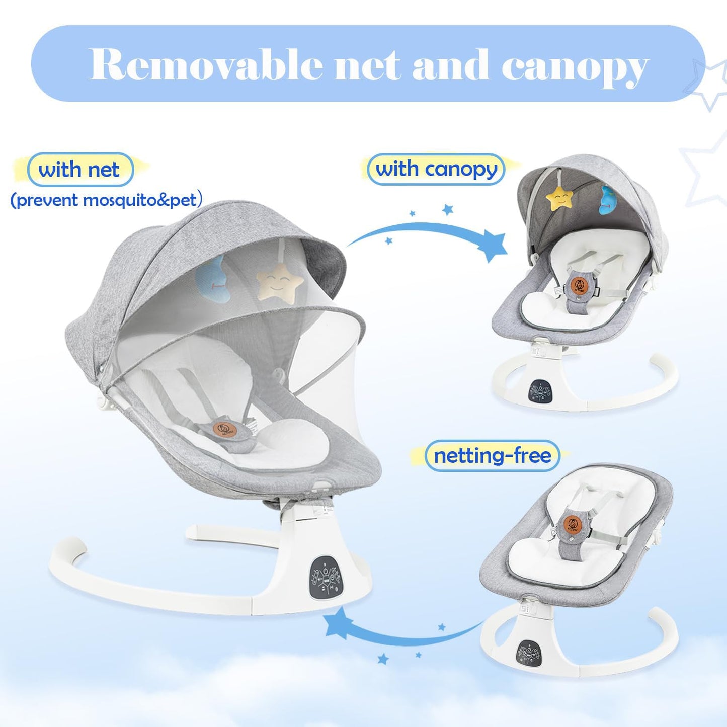 Baby Swing For Infants & Toddlers, Electric Bouncer With Remote Control, 3 Seat Positions, 5 Speeds, 5-Point Harness, Grey