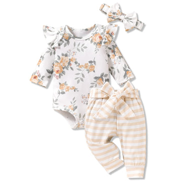 Aalizzwell 0-3 Months Newborn Infant Baby Girls Clothes Floral Long Sleeve Striped Fall Winter Spring Outfit Yellow