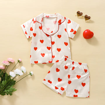 Qiylii Valentine'S Day Silk Pajamas For Toddler Girl Heart Print Satin Pajamas Button-Up Silk Pjs Baby Valentine'S Pajamas Set (
