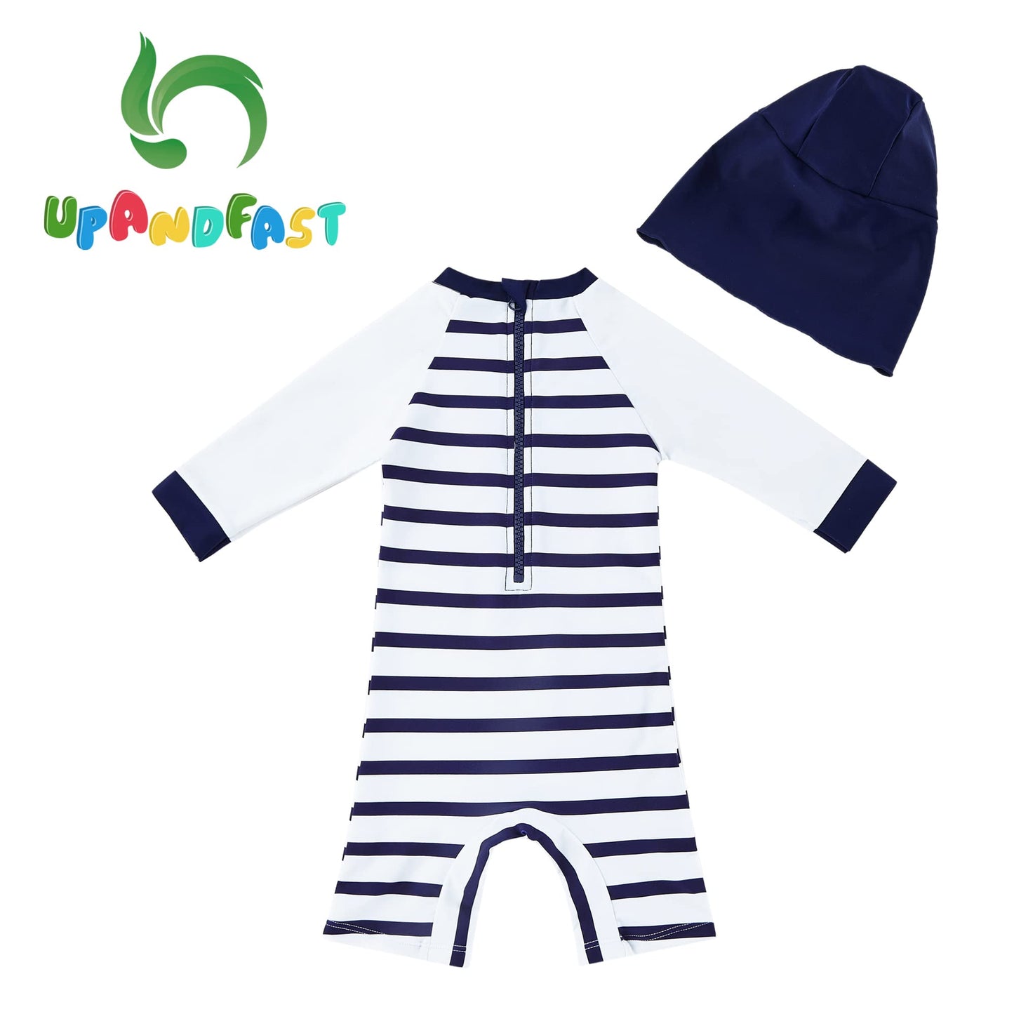 Upandfast Baby/Toddler One Piece Zip Sunsuits With Sun Hat Upf 50+ Sun Protection Infant Beach Swimsuit (White, 9-12 Months)