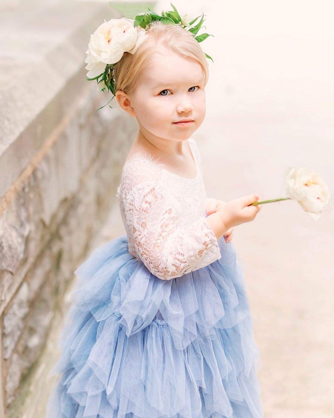 2Bunnies Girl Peony Lace Back A-Line Tiered Tutu Tulle Flower Girl Dress (Gray Long Sleeve Maxi, 9-10Yrs)