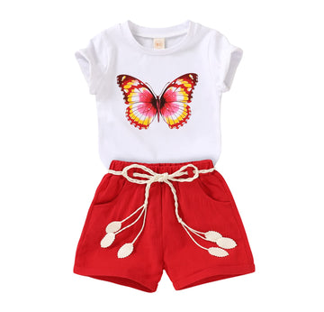 Younger Tree Toddler Baby Girl Clothes Girls Summer Outfit Butterfly Print Tshirt Red Shorts With Belt Clothing For Baby Girl (B