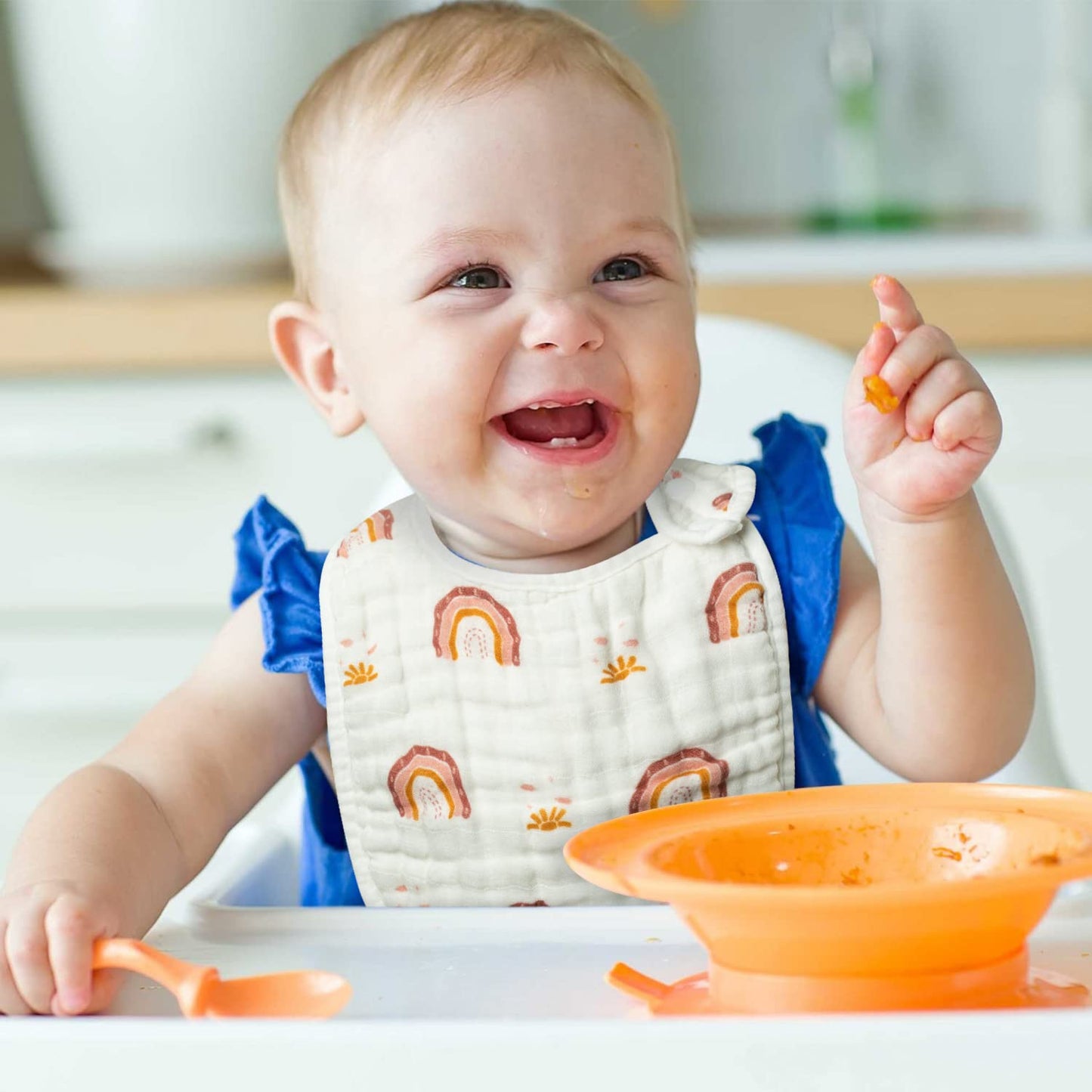 Zainpe 6Pcs Snap Muslin Cotton Bibs For Baby Rainbow Sun Star Bib Adjustable Feeding Bib Machine Washable Unisex Burp Cloths Wit