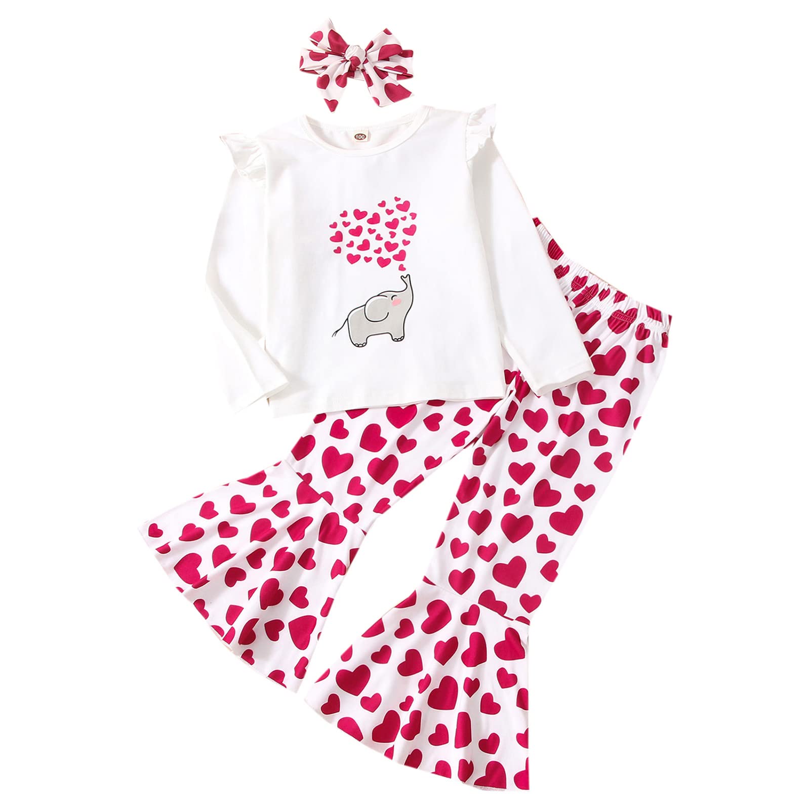 Rtnnsbbfcm Toddler Baby Girl Valentine'S Day Outfit Long Sleeve Elephant Heart T-Shirt Top Bell Bottom Pants Headband 3Pcs Set (