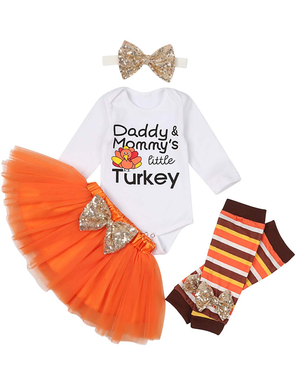My First Thanksgiving Newborn Baby Girls Clothes Romper Top Bow Tutu Short Skirt with Headband Dress Outfit Set (A-white, M(3-6m