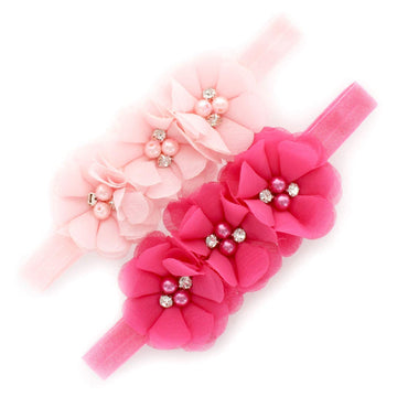 My Lello Baby Flower Headbands Fabric Beaded Trio Stretchy Elastic Pair (Light Pink/Hot Pink)