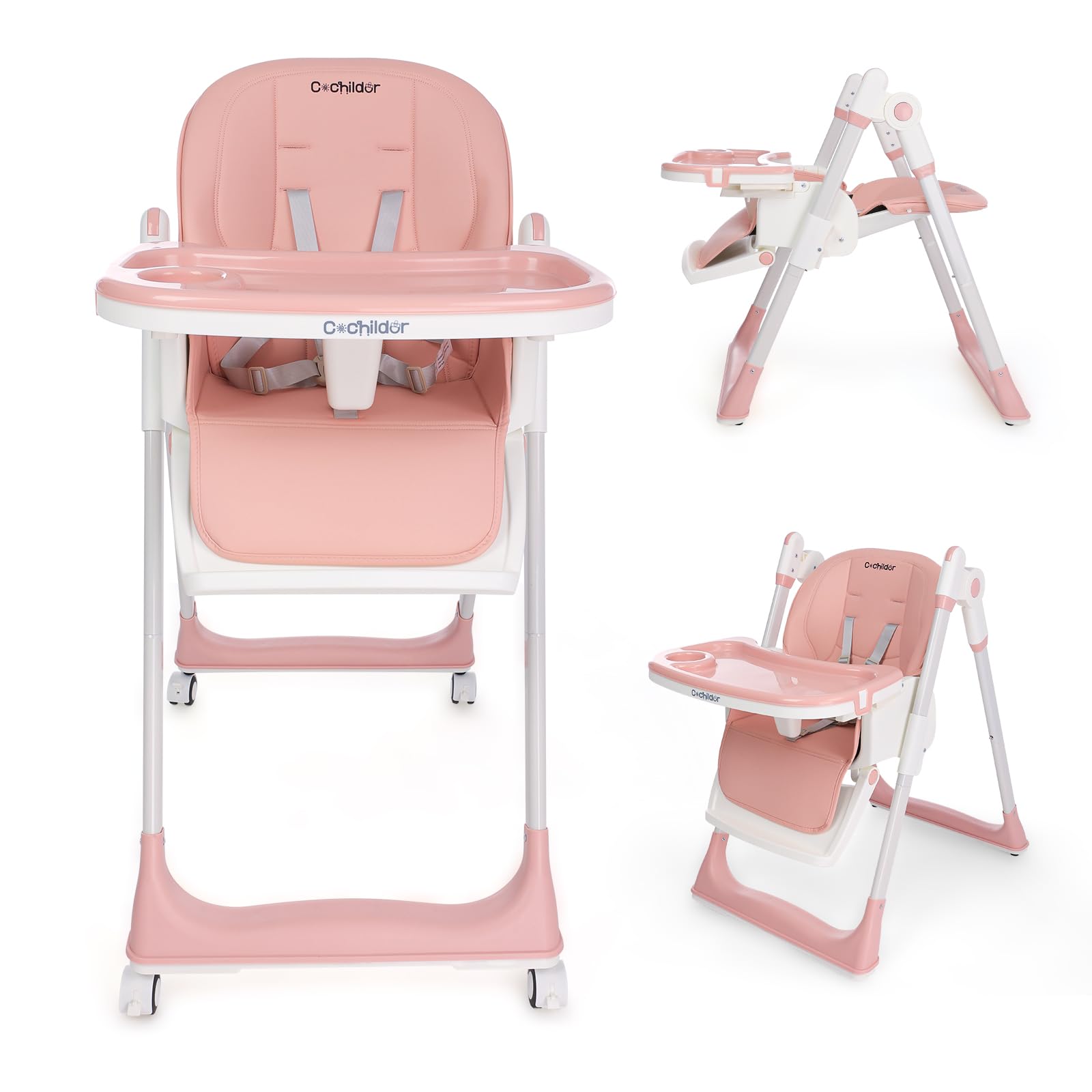 Cochildor 3-In-1 Foldable High Chair For Babies & Toddlers - Adjustable Height, Reclining Seat, 5-Point Safety Harness, Removabl