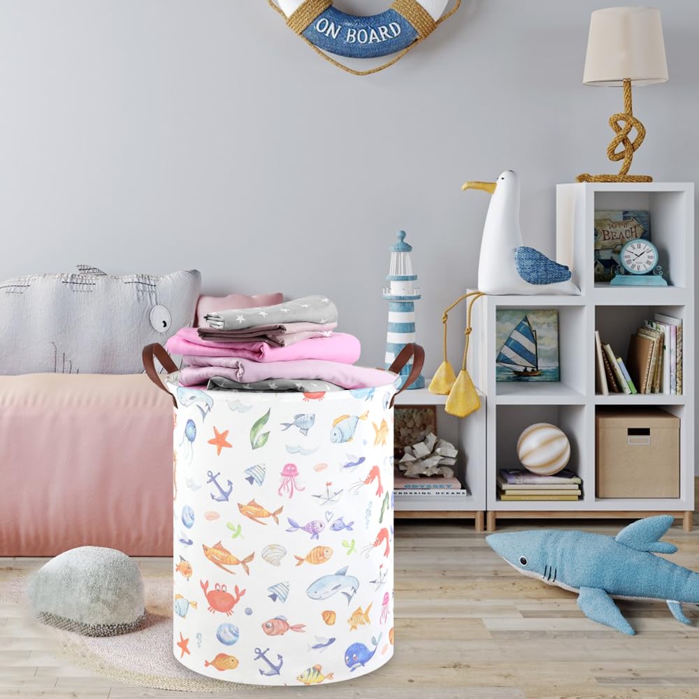 Fxocshe Marine Animal Kids Waterproof Foldable Laundry Basket,Fish Hamper,Nursery Hamper,Baby Storage Baskets For Boy Room,Gift