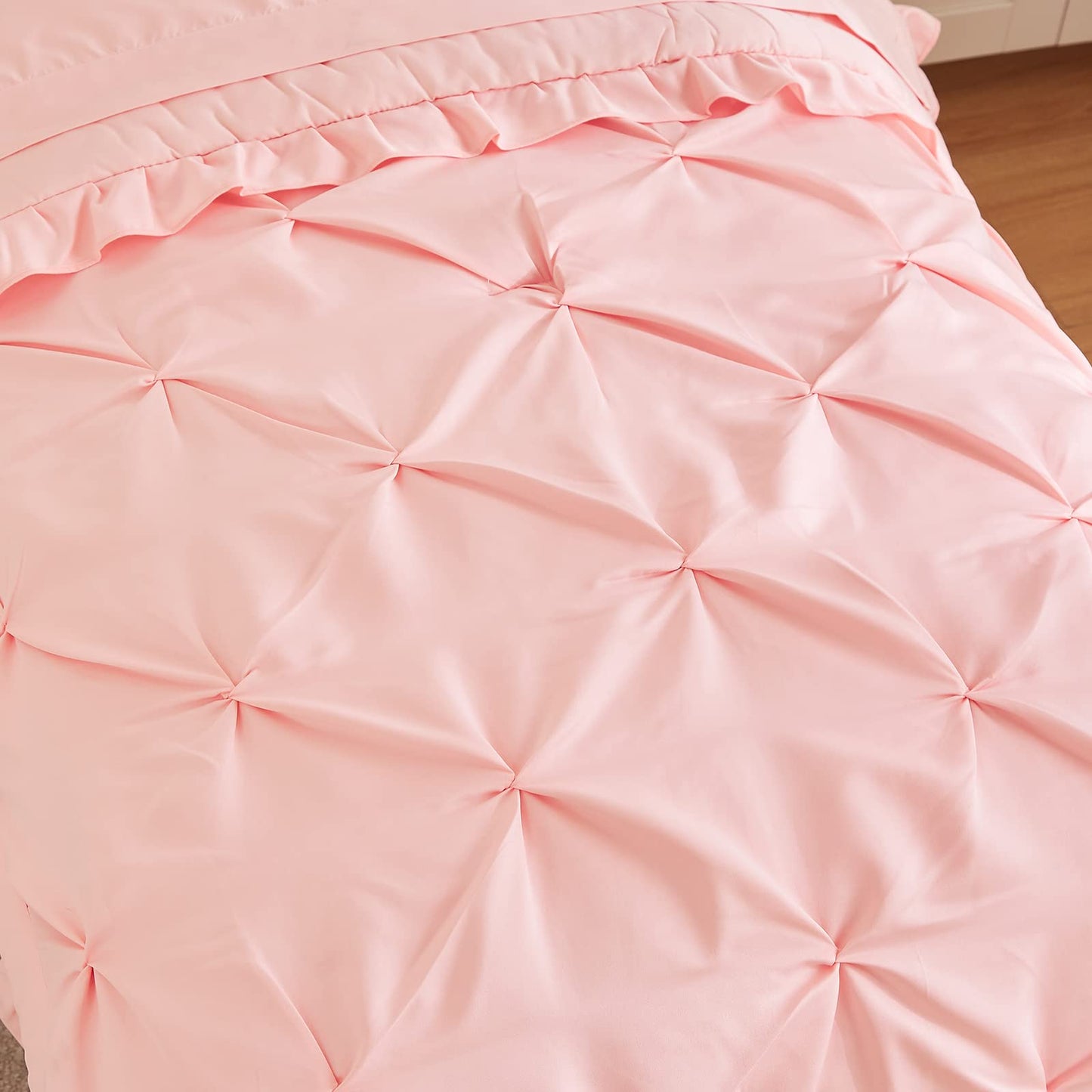 4 Pieces Pinch Pleated Toddler Bedding Set With Ruffle Fringe, Solid Color Pink Unisex Pintuck Toddler Sheet Sets For Baby Girls