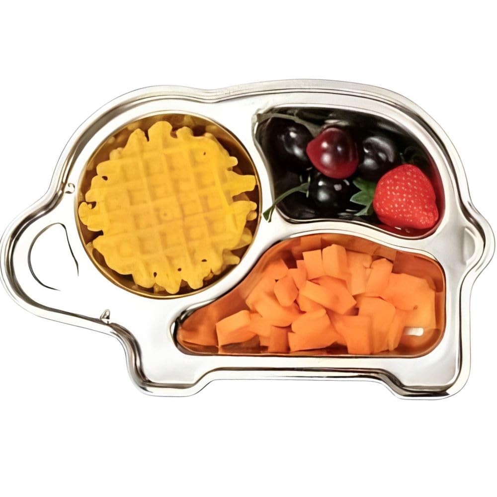 Happy Hues Stainless Steel Divided Meal Plate Tray3 Compartments Dinner Dish For Baby (Elephant2)