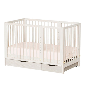 JOYMOR 8-in-1 Convertible Crib with Drawer, Include 2 Mattress, Convert from Mini Crib, Mid Crib to Full Crib, 8 Height Adjustab