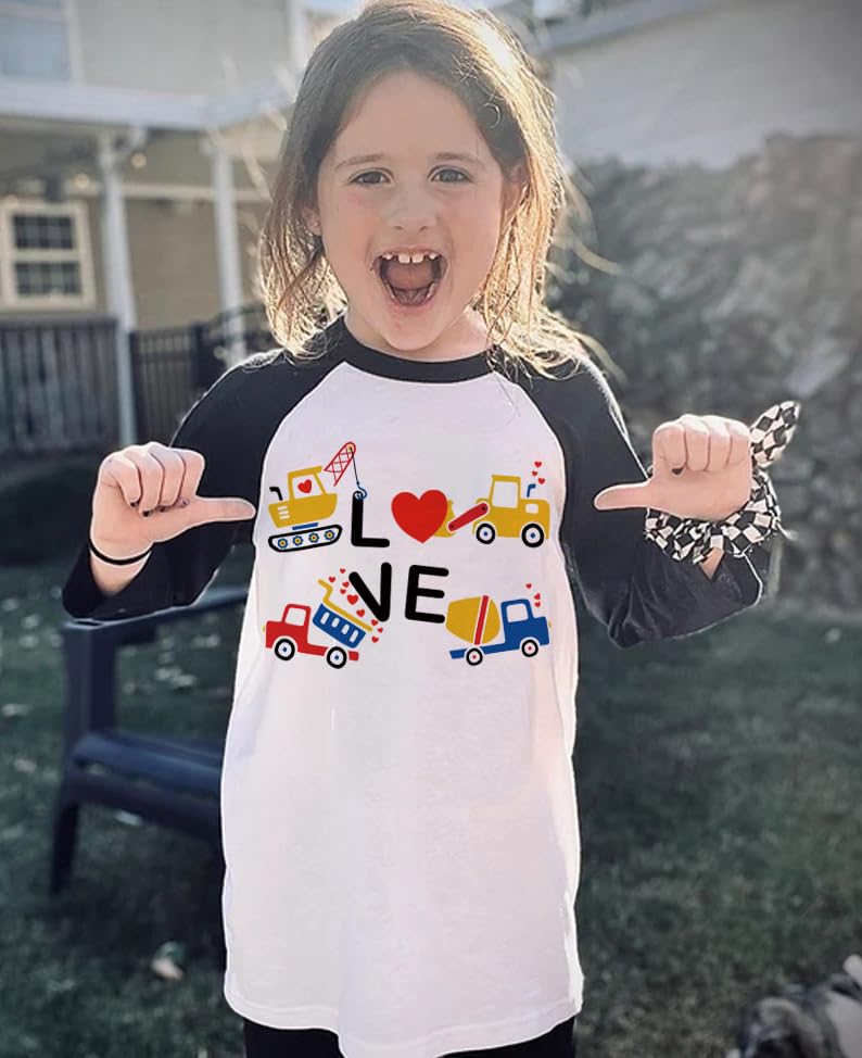 Toddler Boys T-Shirt Valentine'S Day Shirt Construction Truck Heart Tops Kids Raglan Sleeve Baby Tees 2T