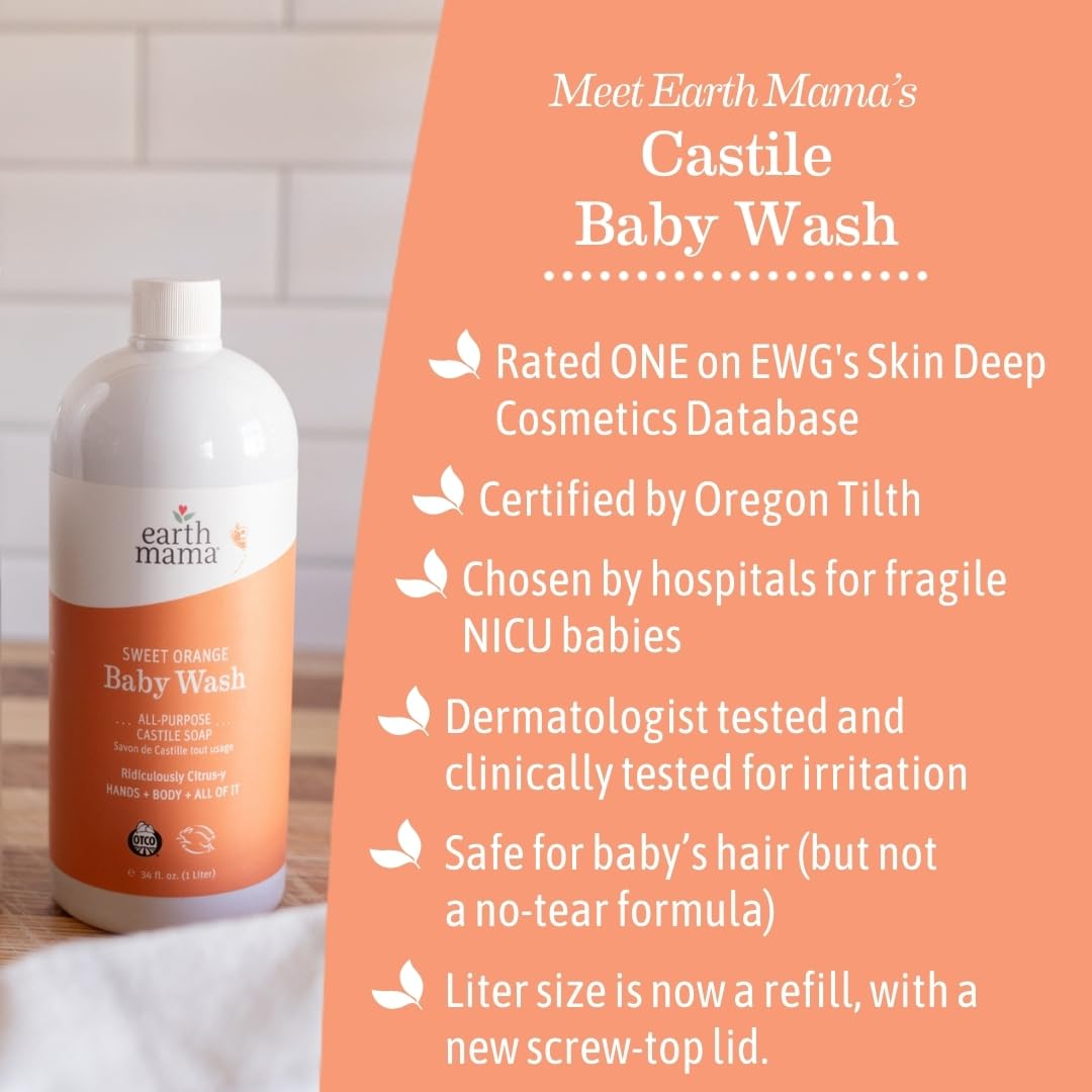Earth Mama Sweet Orange Baby Wash Liquid Hand Soap Refill, Organic Body Wash For Sensitive Skin, All Purpose Castile Soap Liquid