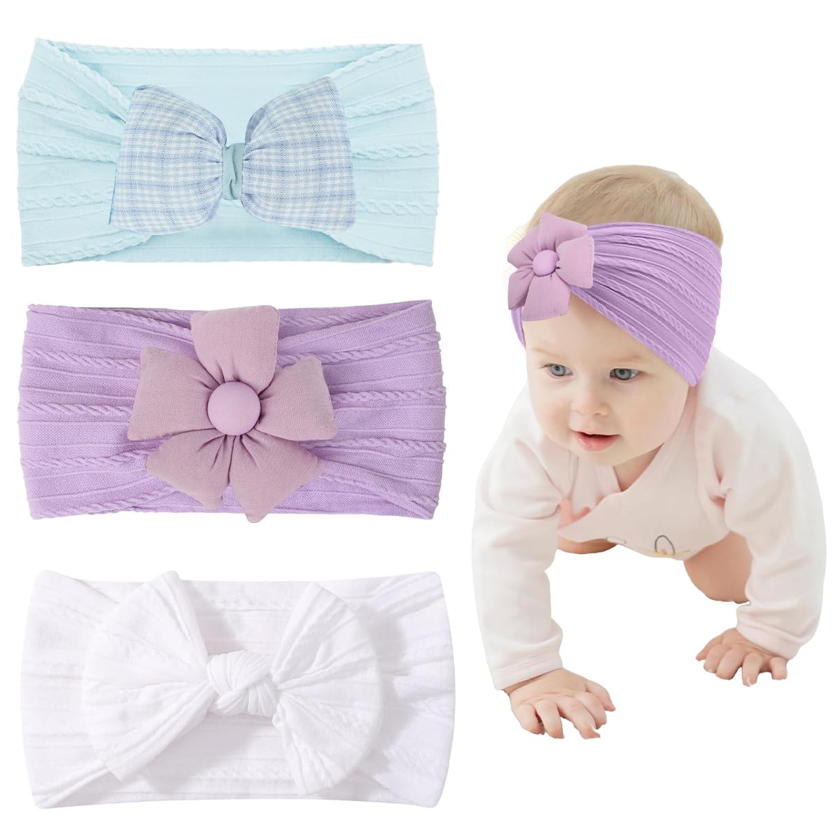 Snowie Soft 3Pcs Hair Bands For Baby Girls, 3Color Nylon Turban Knotted Stretchy Cute Bow Flower Baby Girl Hair Bands,Super Sof