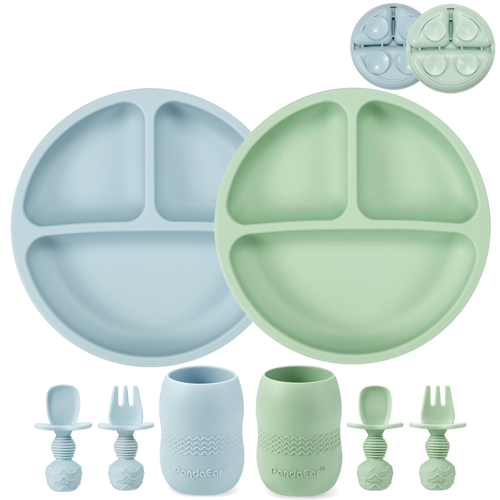 Pandaear Silicone Baby Feeding Set| 2 Pack Silicone Divided Suction Plate And 2 Pack Tiny Cup With 2 Spoons 2 Forks| Baby Led We