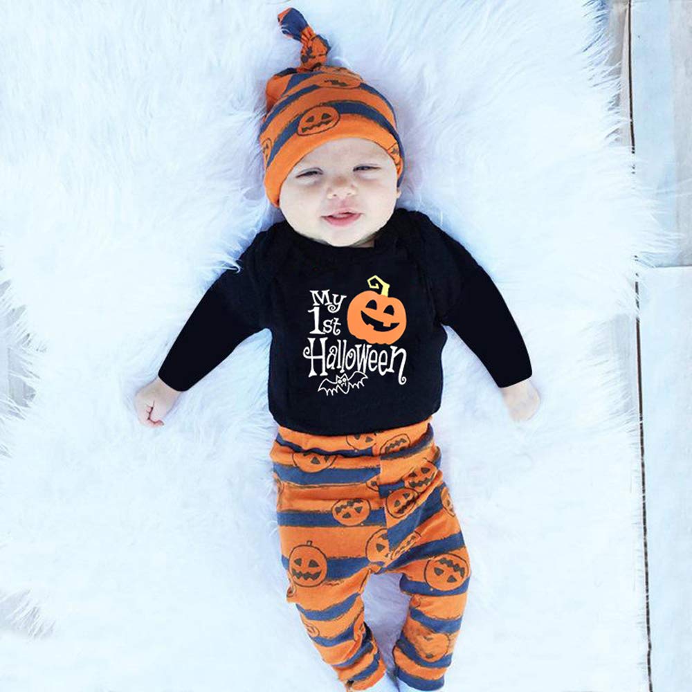 Unutiylo Newborn Baby Boy Clothes My First Halloween Pumpkin Romper Black Stripes Long Sleeve Pants Hat 3Pcs Outfits Set