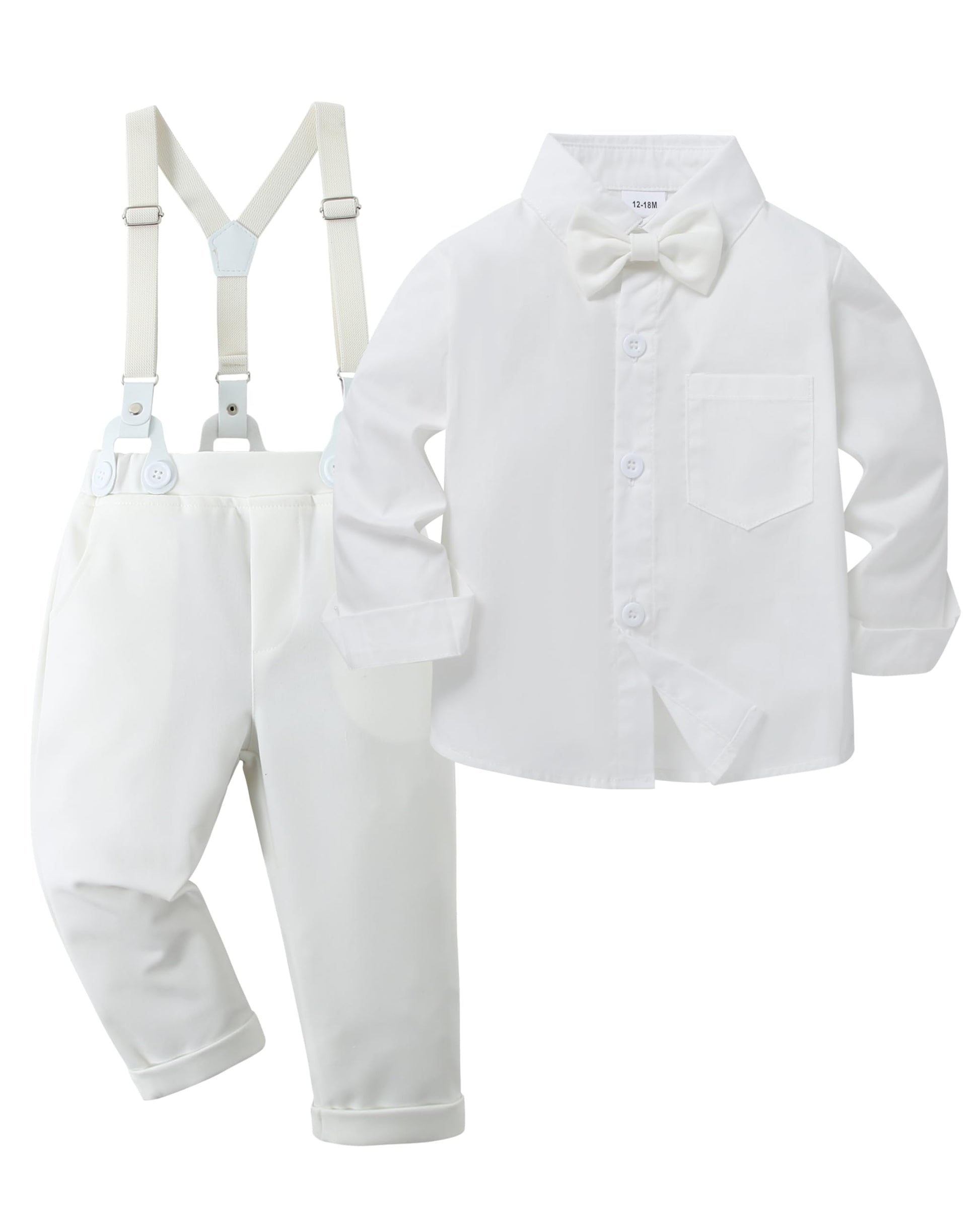 Yallet Toddler Baby Boy Clothes Suit Gentleman Outfits Formal Dress Shirt + Bowtie + Suspender Pants Wedding Party(L Classic Whi