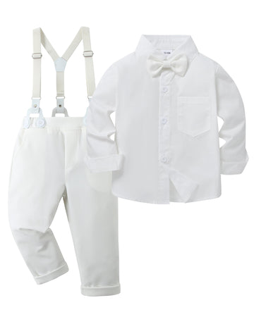 Yallet Toddler Baby Boy Clothes Suit Gentleman Outfits Formal Dress Shirt + Bowtie + Suspender Pants Wedding Party(L Classic Whi