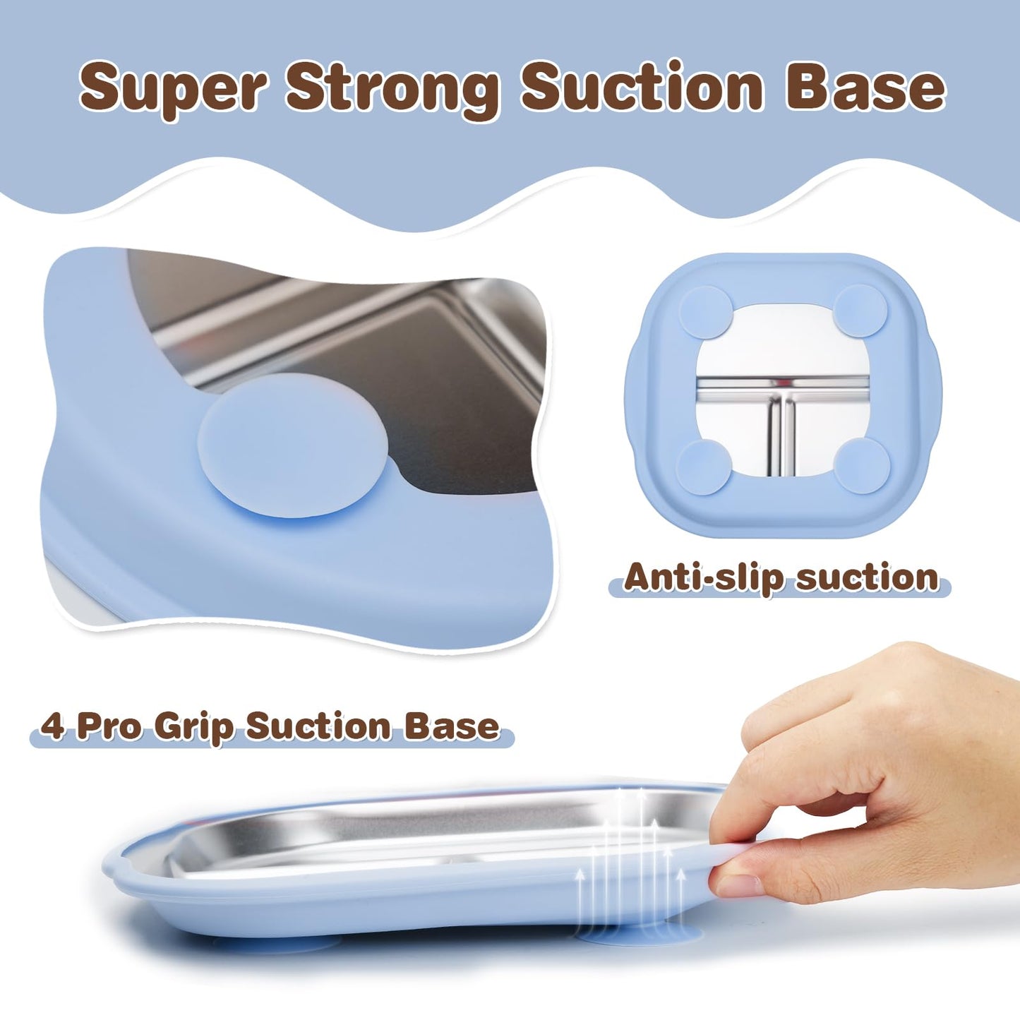Stainless Steel Kids Plates With Suction, 9.4 'X 9    Divided Baby Toddler Plates With Removable Silicone Sleeves, Non-Slip Tod