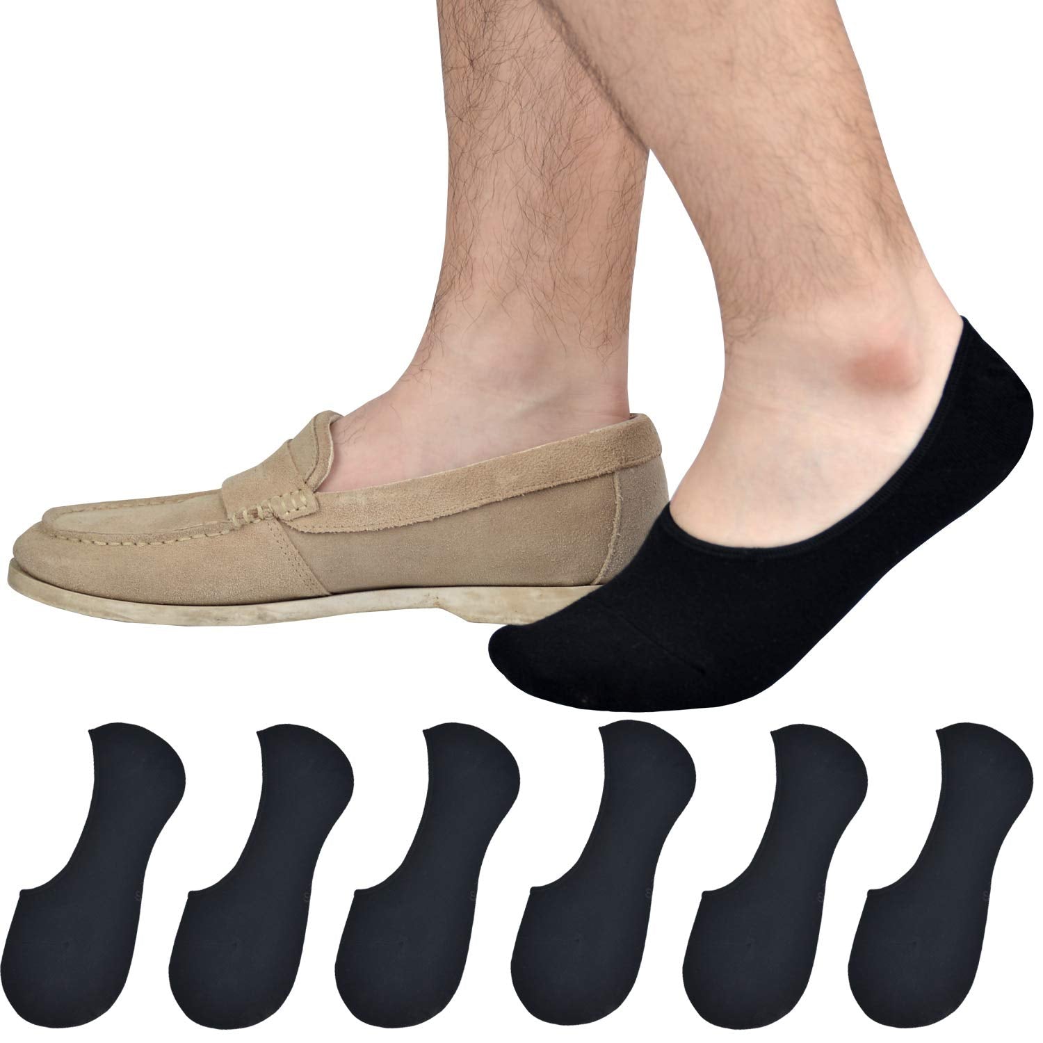 Mens Truly No Show Socks Women Cotton Low Cut Invisible Socks Non Slip, 6 Pairs, Black, 1014