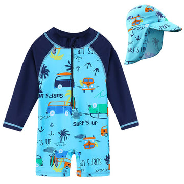Huaaniue Baby/Toddler Boy Swimsuit Rashguard Swimwear Long Sleeve One-Piece Car With Hat 2-3 T