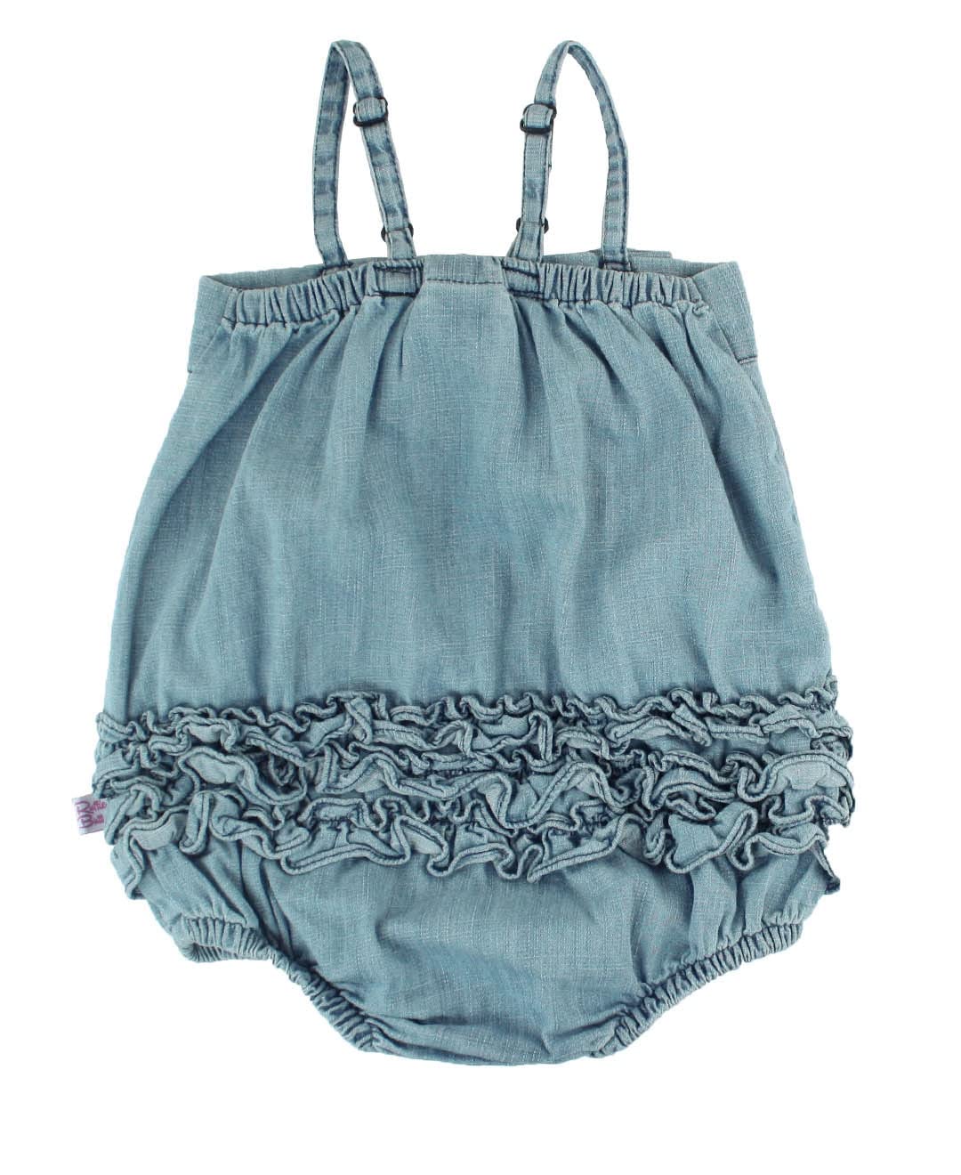 Rufflebutts Baby/Toddler Girls Light Wash Denim Bow-Front Bubble Romper - 3-6M