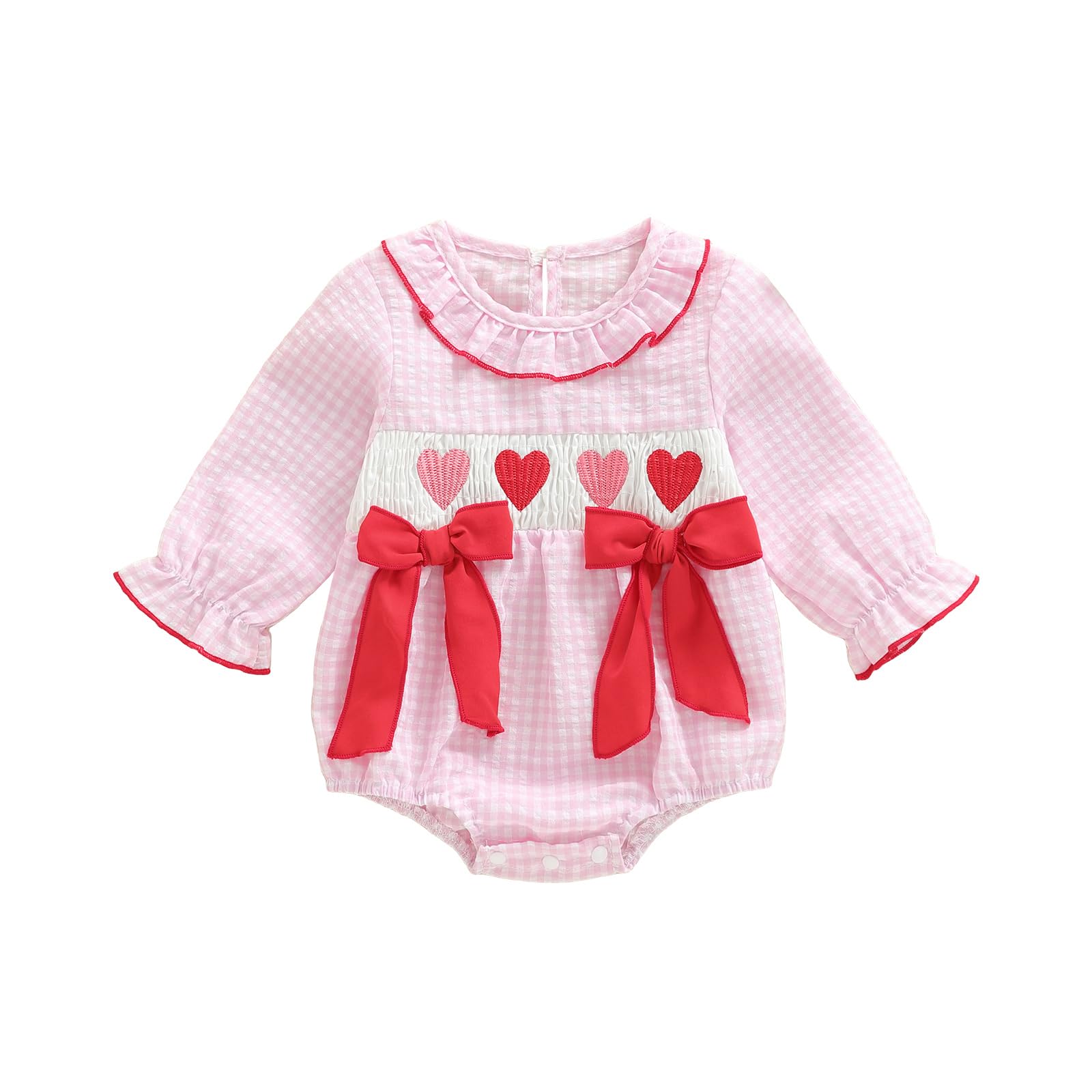 Seyurigaoka Infant Baby Girl Outfit Pink Gingham Bubble Romper Bow Smocked Bodysuit Cute Smocked Clothes (Pink Plaid, 0-3 Months