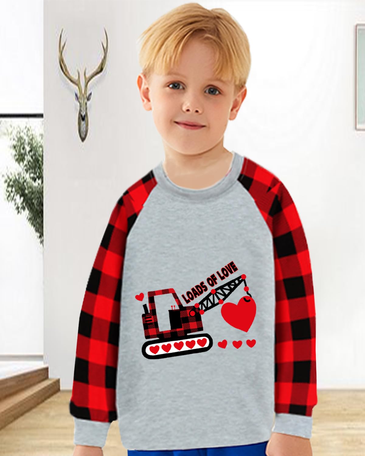 Valentine'S Day Buffalo Red Plaid Shirt For Toddler Boy Girl Heart Crane Truck Clothes Heart Raglan Sleeve Kids Tee Tops 7T