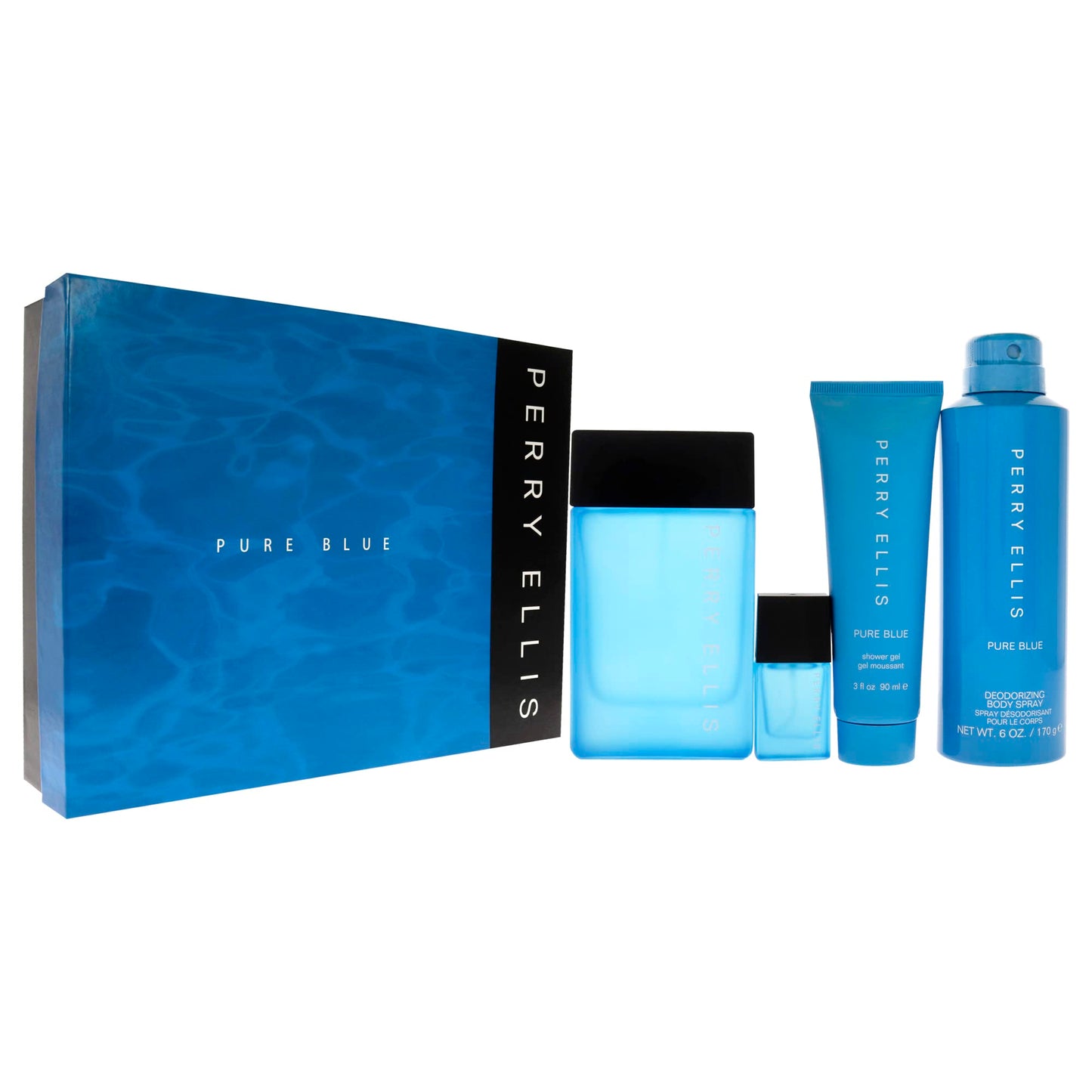 Perry Ellis Pure Blue By Perry Ellis Edt Spray 3.4 Oz & Deodorant Spray 6 Oz & Shower Gel 3 Oz & Edt Spray 0.25 Oz For Men